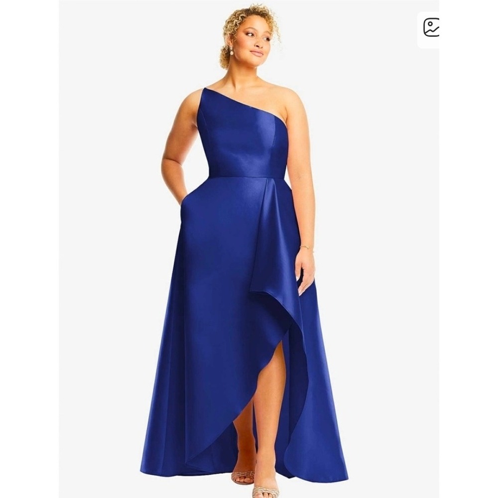 Alfred Sung Royal Blue One Shoulder High Low‎ Satin Gown Dress Size 10